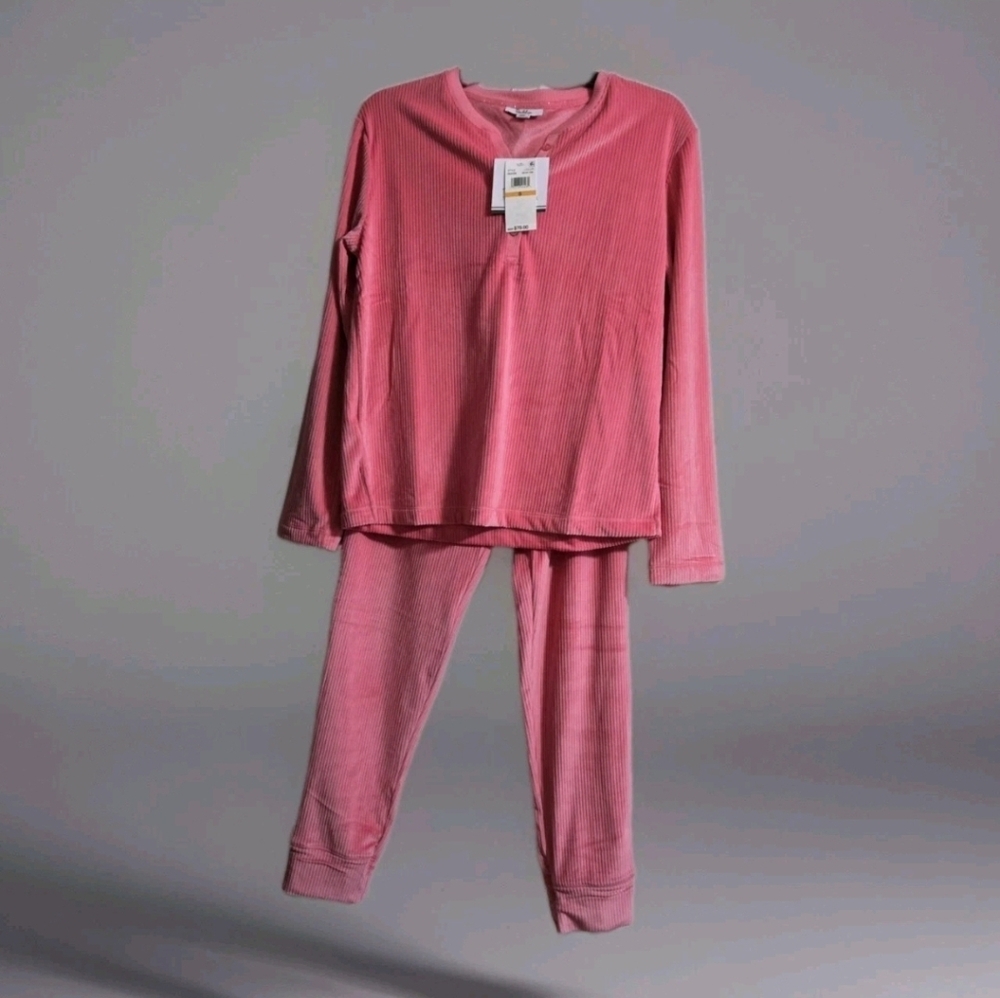 Roudelain Womens Long Sleeve Ribbed Velour Pajama/Lounge Set Size Small Pink